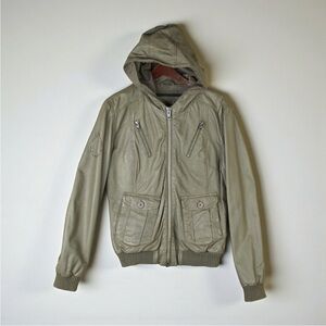 Superdry Hooded Leather Bomber Jacket Womens Size Large Green Multi-Pockets EUC